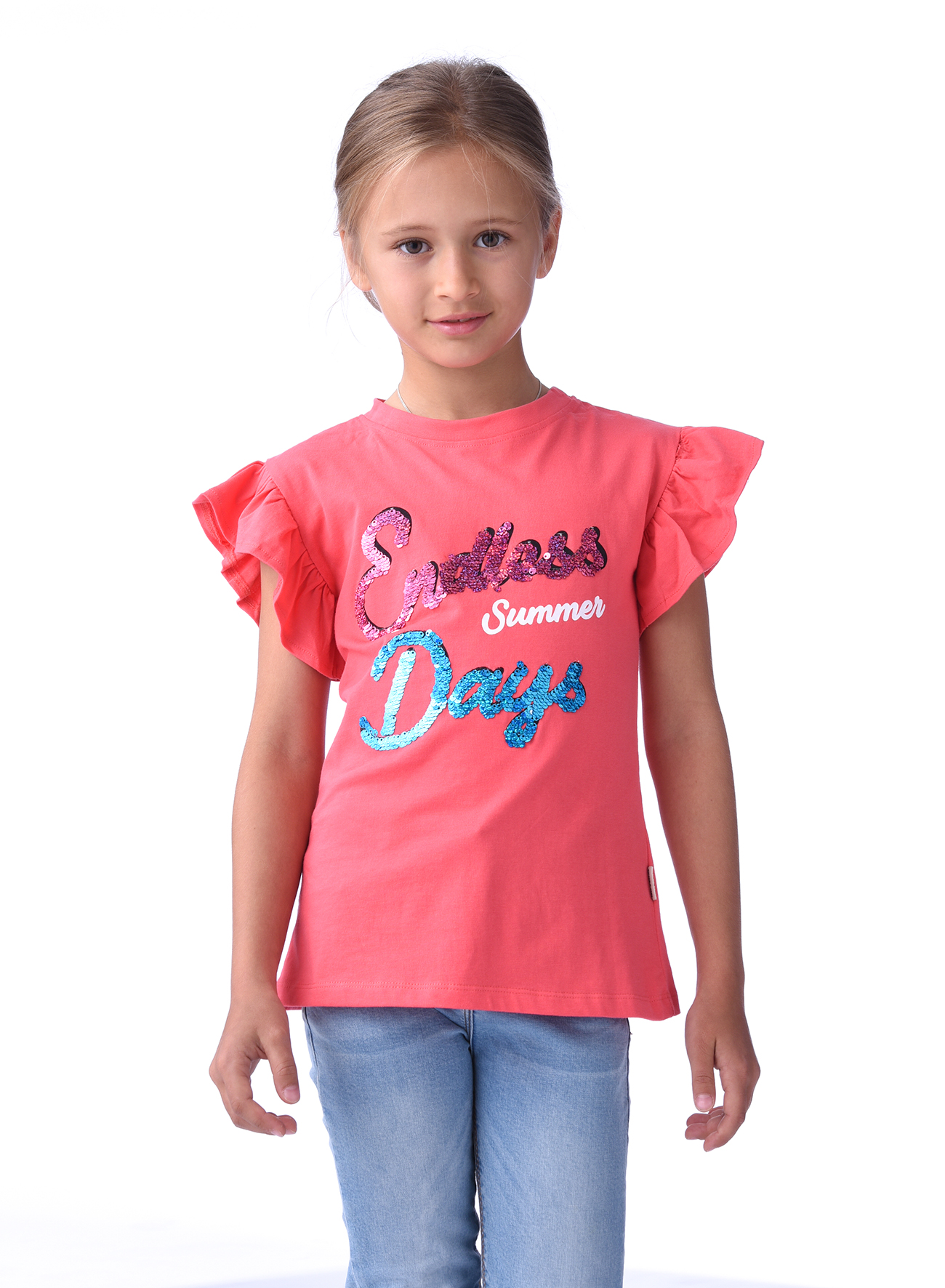 Victor and jane Girls' Flutter Sleeve T-shirt - Coral